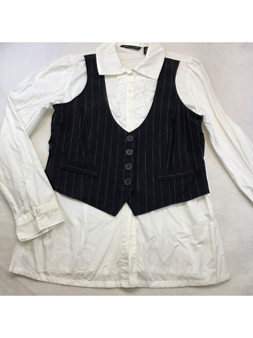 Larry Levine Ruffled Vest Blouse L Black White Renaissance Victorian Feminine